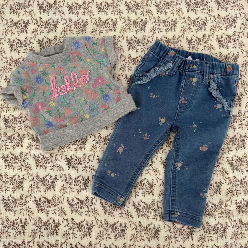 Cherokee Cat & Jack Outfit Set Baby Girl 0-6M Grey Blue Good Floral Ruffle Hello
